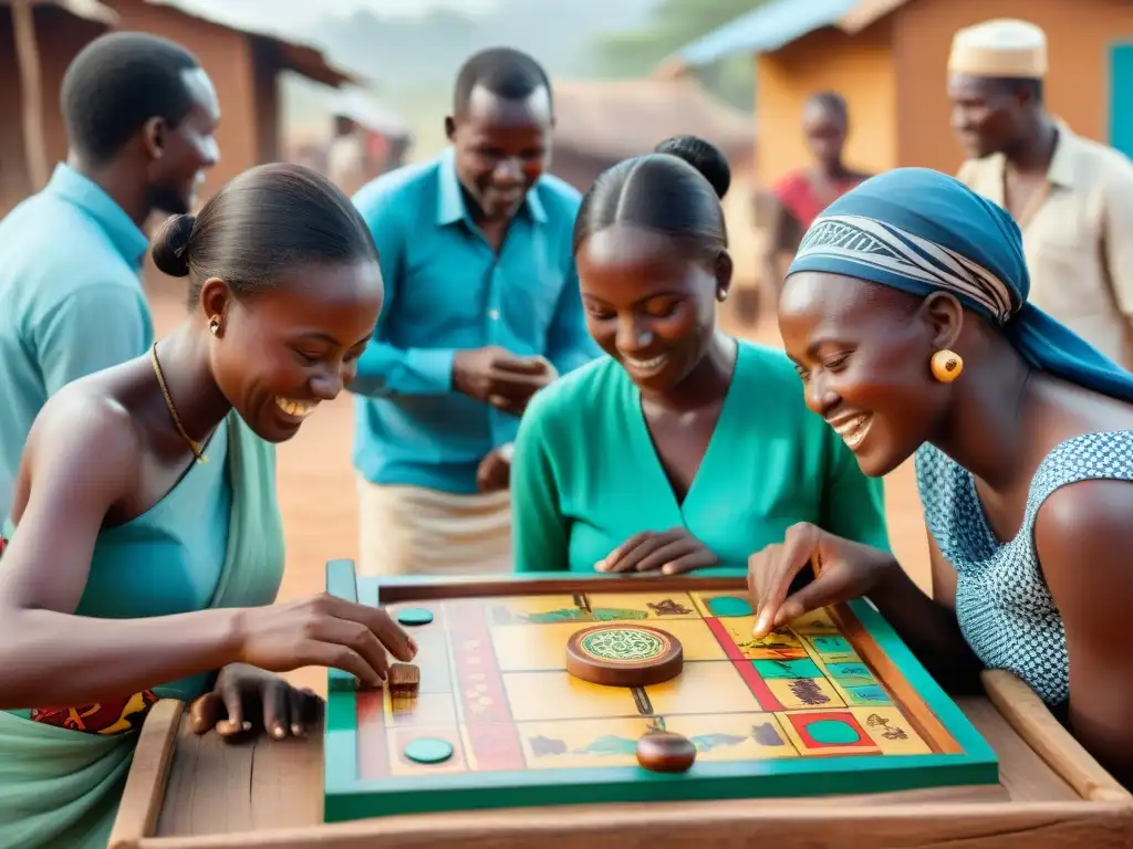 Juegos de azar ancestrales en una bulliciosa aldea africana, con lugareños disfrutando de un juego de tablero tallado con símbolos tradicionales