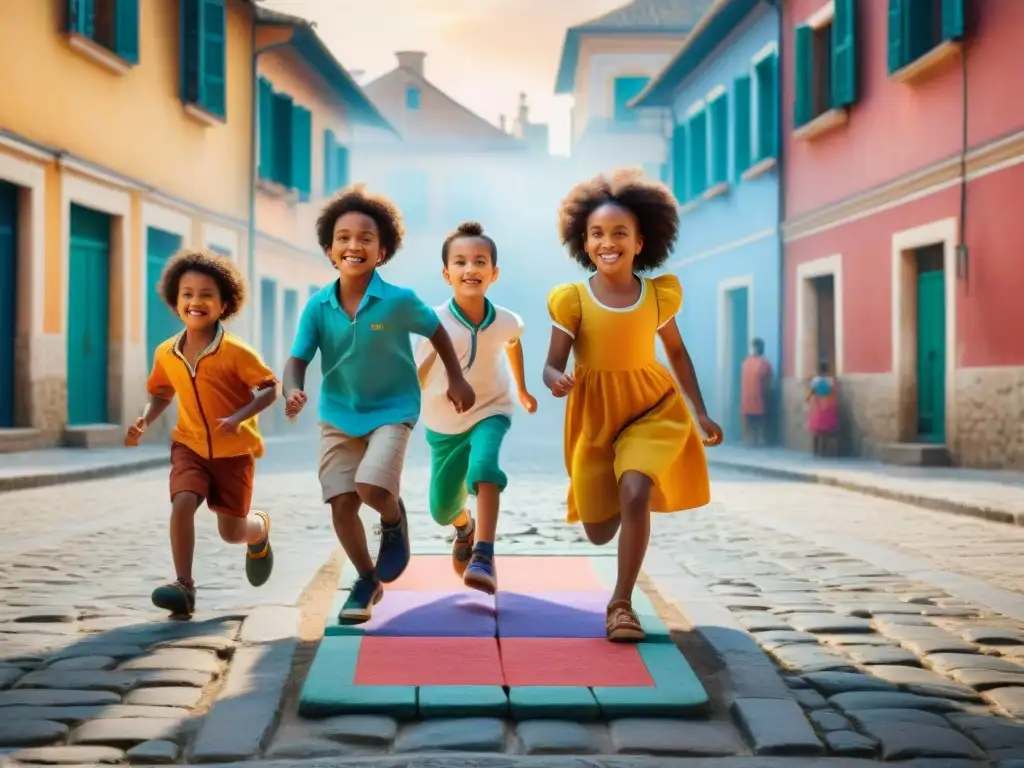 Juegos de calle tradicionales: Niños felices jugando en una plaza con juegos como la rayuela y la cuerda, rodeados de arquitectura antigua y moderna