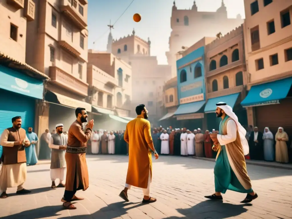 Juegos callejeros en una bulliciosa ciudad del Oriente Medio, con gente disfrutando de un emocionante juego tradicional