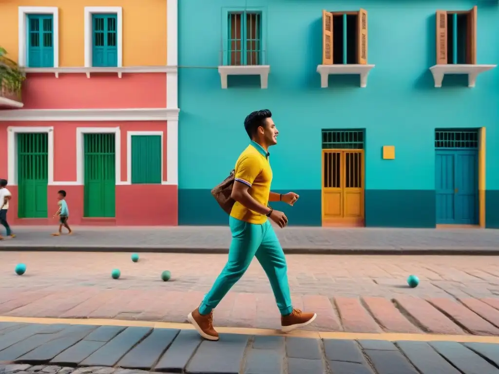 Juegos callejeros América Latina: Niños jugando y riendo en una bulliciosa calle latinoamericana, rodeados de colores y tradición