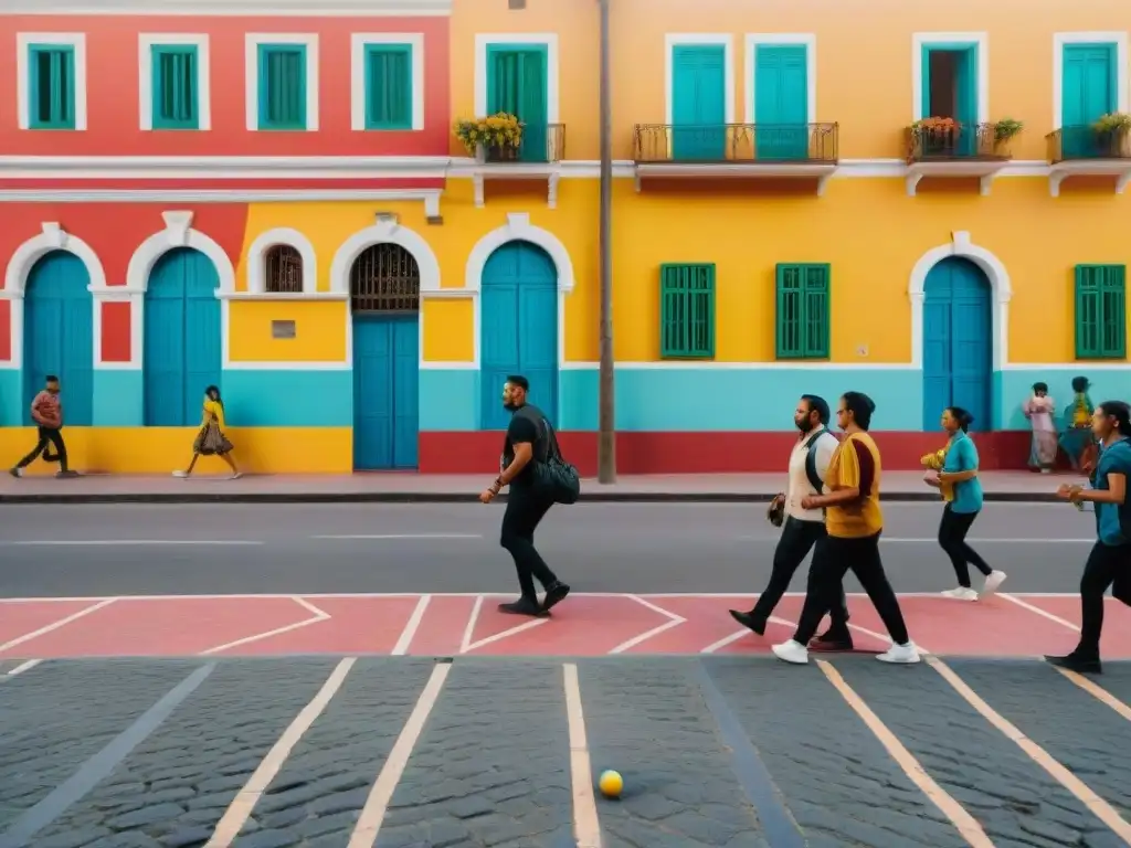 Juegos callejeros en América Latina: Escenas coloridas de juegos tradicionales y murales comunitarios en una bulliciosa calle