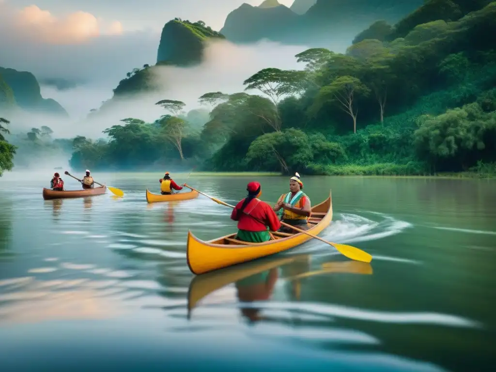 Juegos indígenas de canotaje y pesca en río sereno rodeado de exuberante vegetación, reflejando concentración y tradición cultural