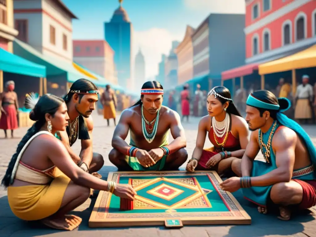Juegos indígenas culturales América: escena vibrante de indígenas jugando en mercado histórico y moderno