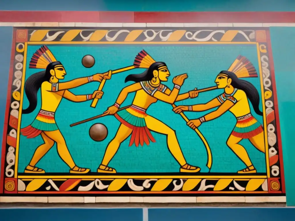 Juegos de culturas milenarias: Mosaico maya detallado del juego de pelota con colores y expresiones vibrantes