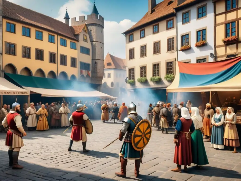 La evolución de juegos y deportes en Europa: escena medieval de actividades deportivas en bulliciosa plaza de mercado