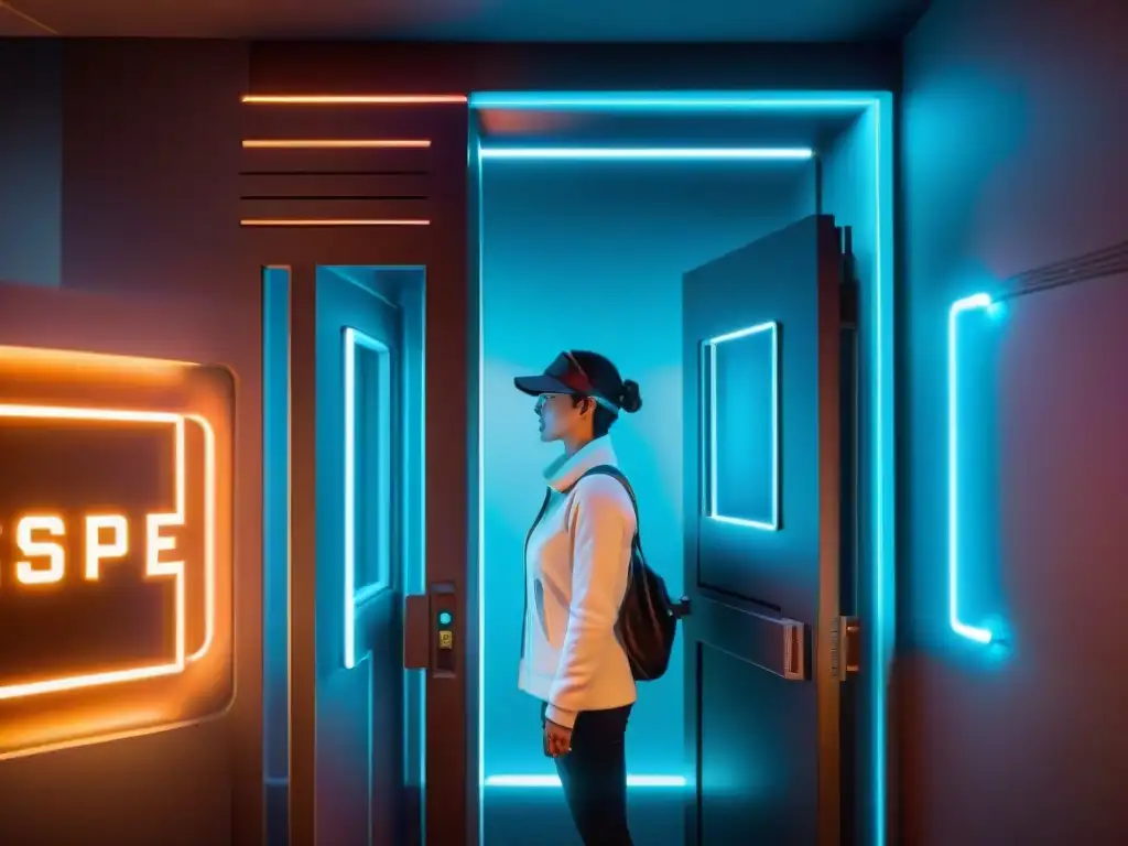 Juegos de escape: sala futurista con desafíos holográficos, luces neón y tecnología interactiva, fusionando lo tradicional con lo virtual