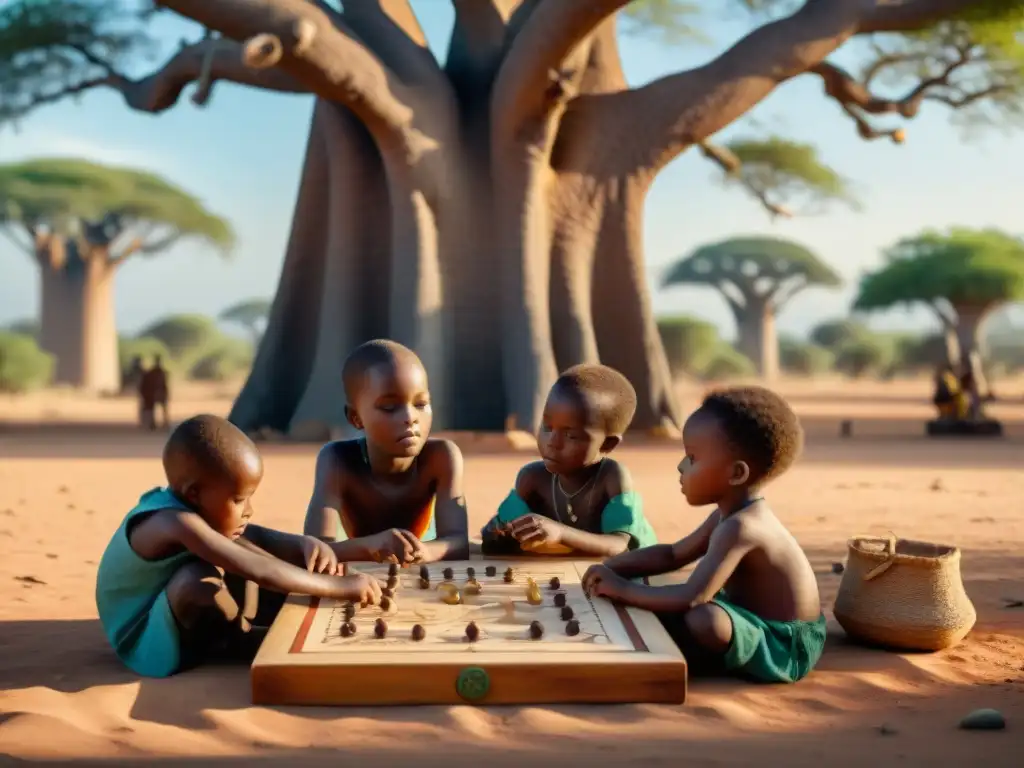 Juegos estrategia africanos desarrollo cognitivo: Niños africanos juegan bajo un baobab, concentrados y determinados