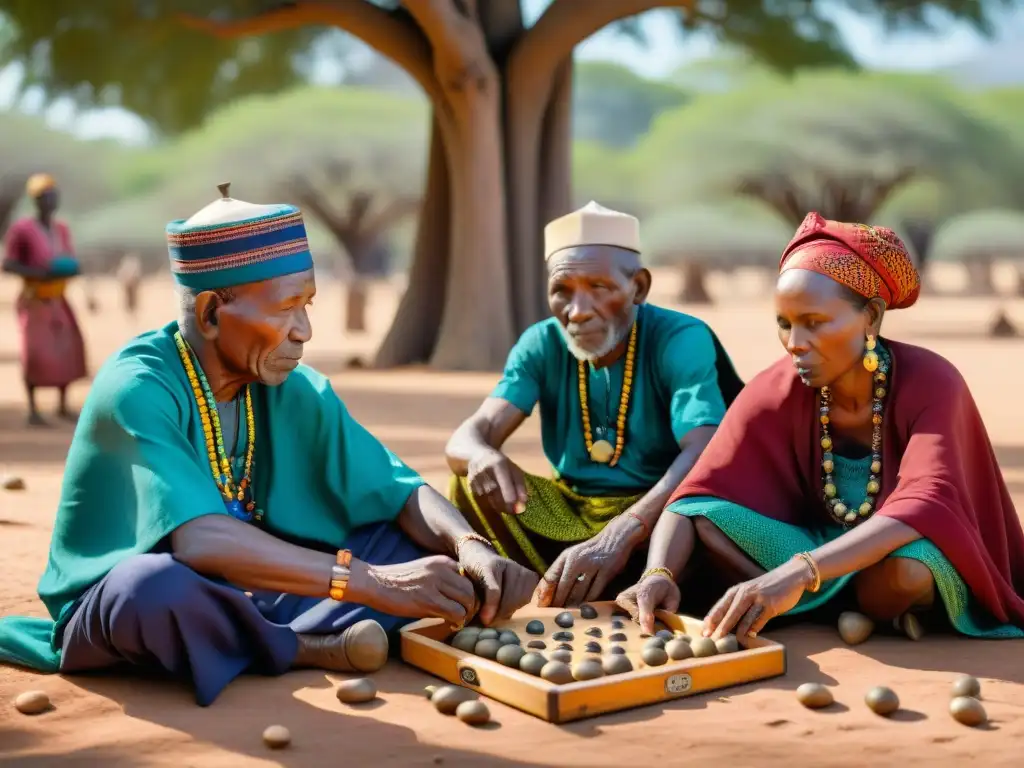 Juegos estratégicos africanos en la sombra de un baobab, ancianos concentrados en mancala