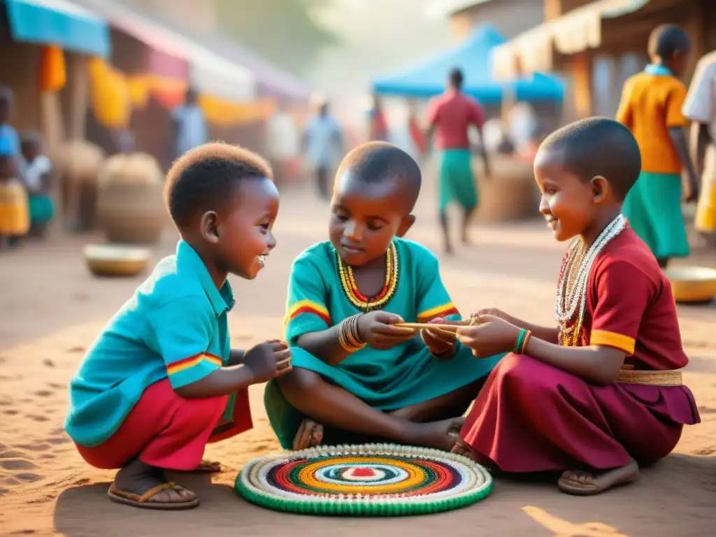 Juegos infantiles indígenas culturales en un vibrante mercado africano al atardecer