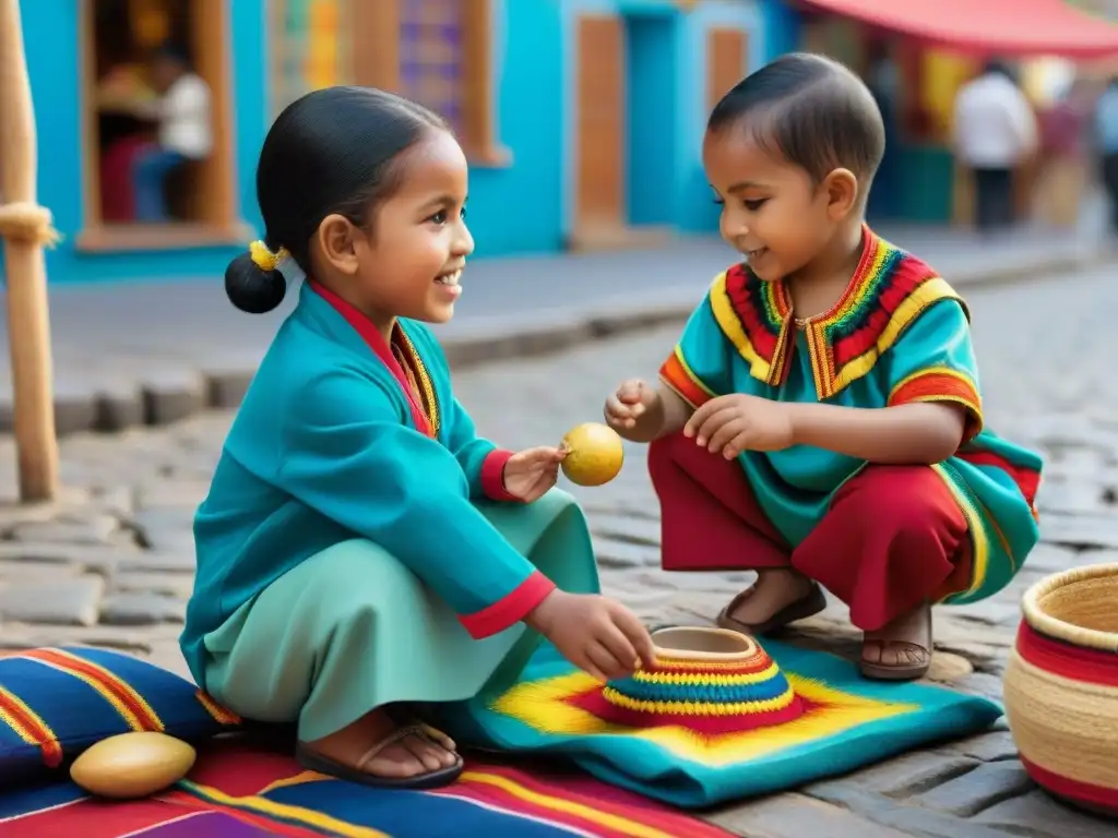 Juegos infantiles tradicionales América Latina: Niños de diversas culturas juegan en bulliciosa plaza mercado