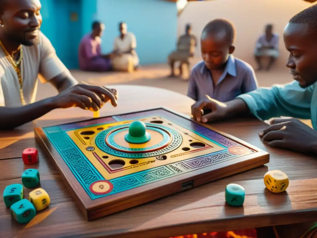 Juegos de mesa africanos educativos en un mercado local bullicioso, con piezas talladas a mano y tablero colorido