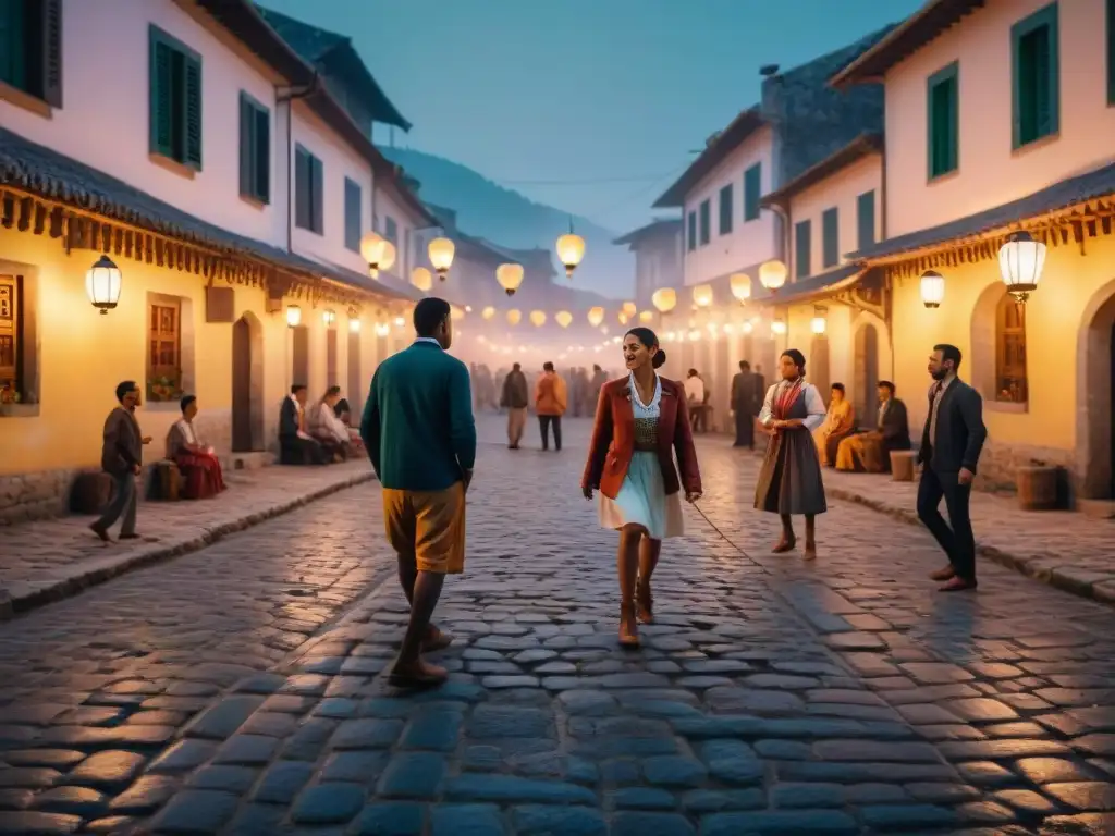 Juego de Rayuela bajo faroles en plaza nocturna Juegos nocturnos tradicionales culturas: Grupo jugando rayuela en plaza iluminada por faroles, entre callejones y edificios rústicos