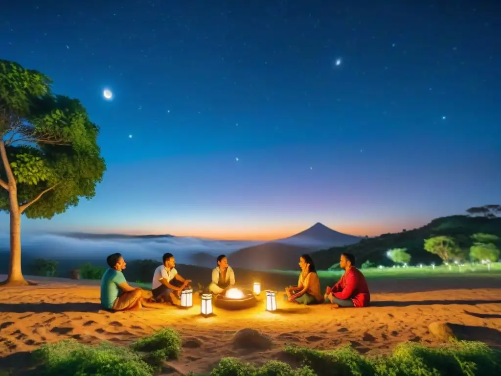 Juego tradicional bajo la noche estrellada: comunidad y diversión Juegos nocturnos tradicionales en una vibrante noche estrellada, jugadores animados bajo la luz de linternas y la naturaleza exuberante