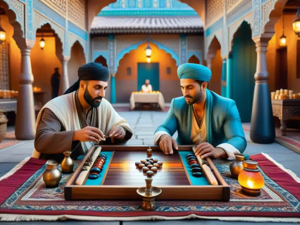 Juegos de suerte en Oriente: Mercaderes disfrutan de partidas de backgammon y mancala en un bullicioso bazar, iluminados por lámparas de aceite