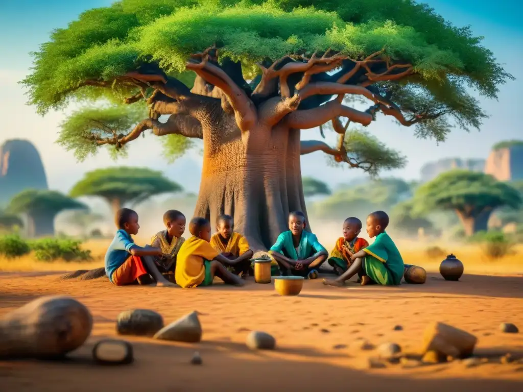 Juegos tradicionales africanos inspiran diseño de videojuegos, niños juegan bajo baobab