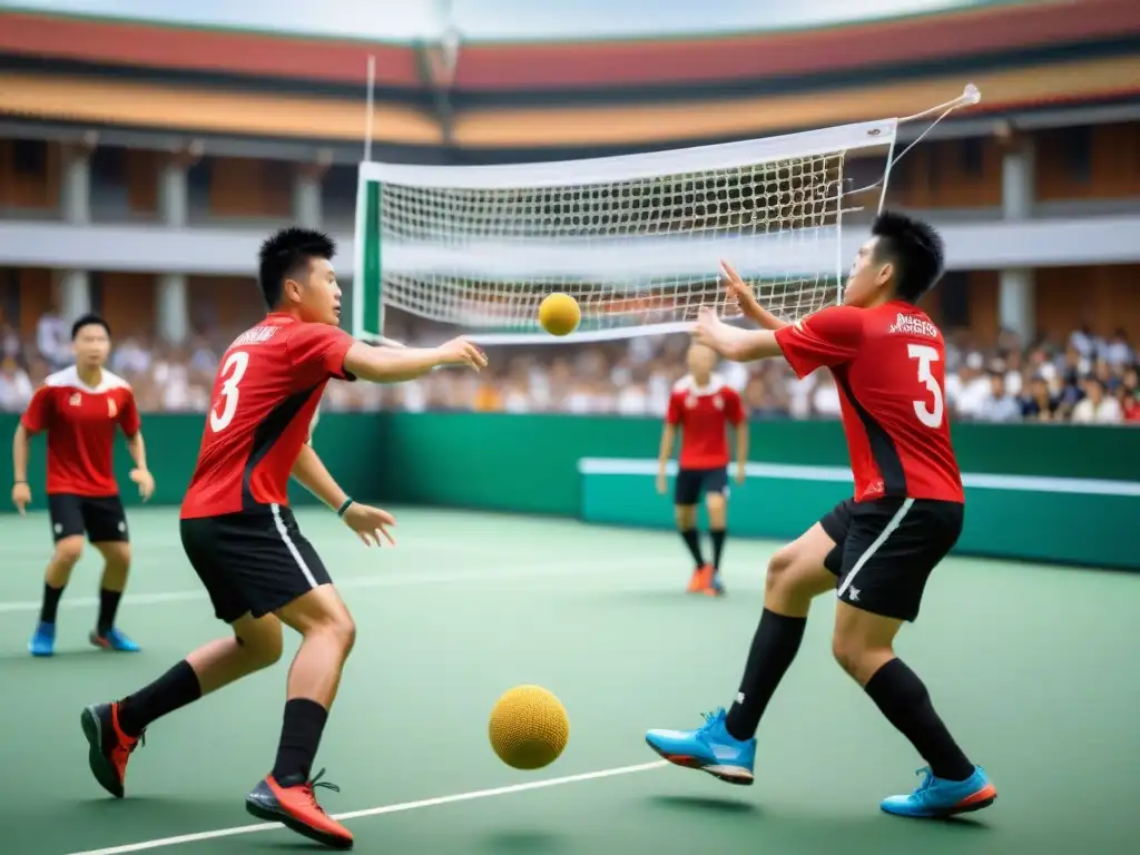 Juegos tradicionales asiáticos: jóvenes atletas juegan Sepak Takraw con intensidad y destreza en una cancha al aire libre