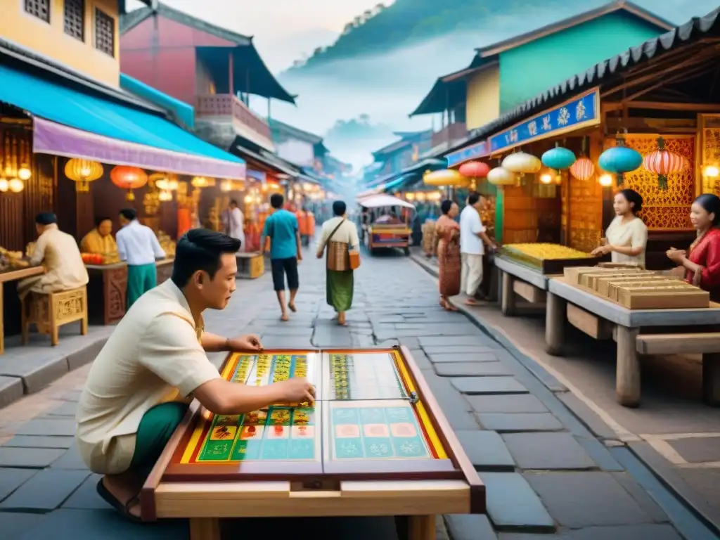 Juegos tradicionales en una bulliciosa calle del Sudeste Asiático, reflejando la rica diplomacia cultural de la región