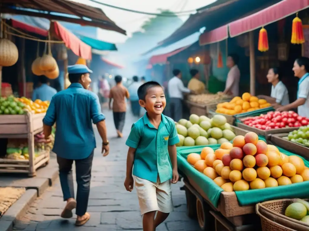 Juegos tradicionales en un bullicioso mercado del Sudeste Asiático, niños riendo y jugando entre puestos coloridos