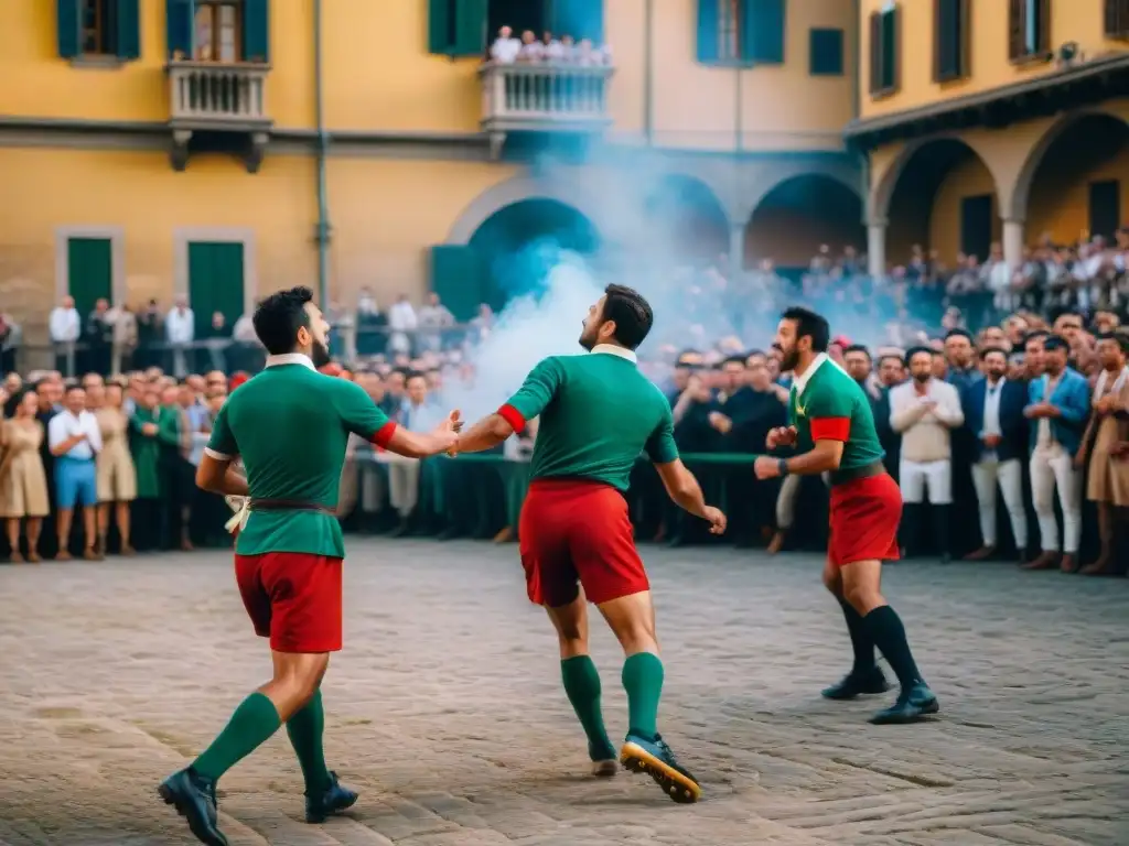 Juegos tradicionales de diferentes culturas: niños juegan Calcio Storico en Florencia, con trajes históricos y ambiente festivo