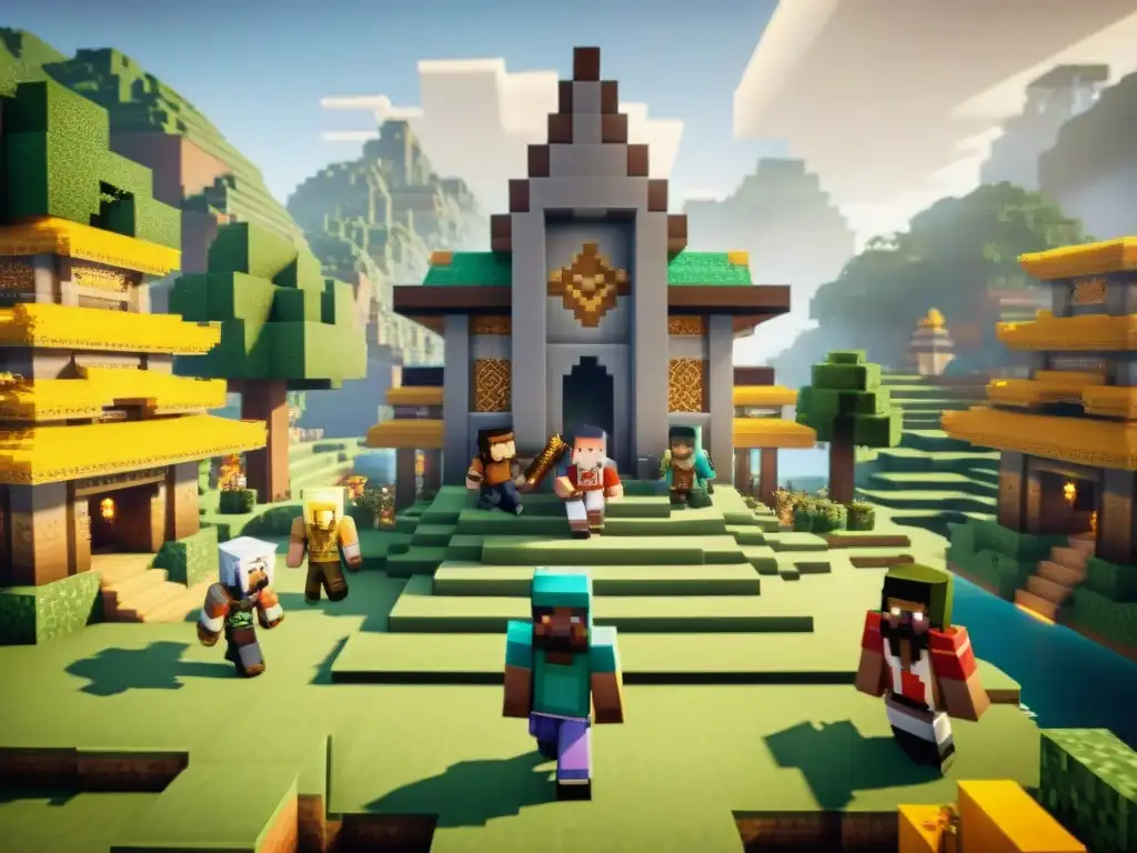 Juegos tradicionales en diferentes culturas: Jugadores colaboran en Minecraft con atuendos culturales, construyendo en un mundo vibrante y detallado