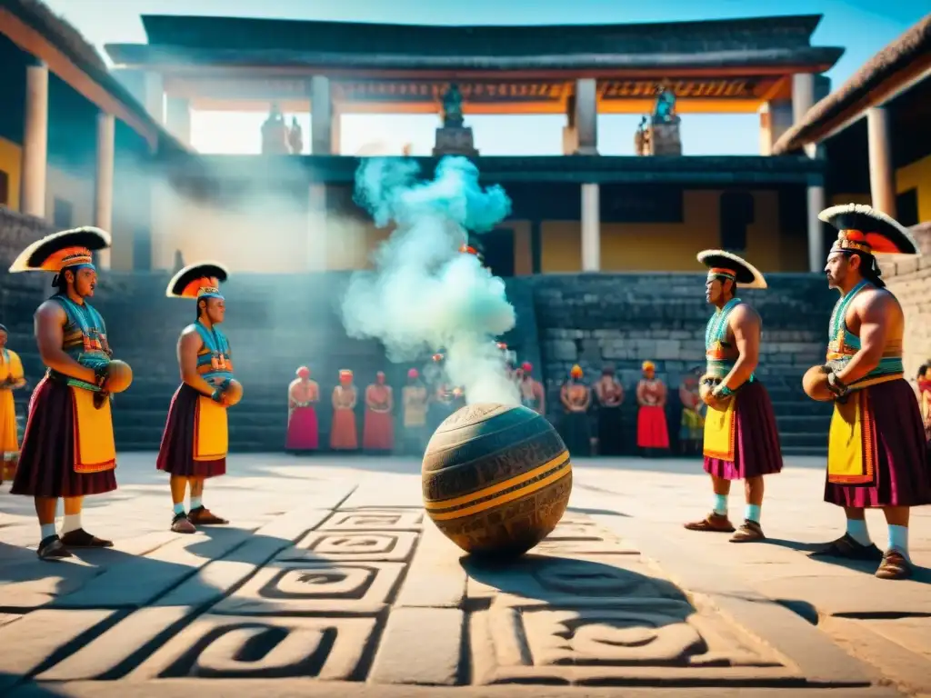 Juegos tradicionales de diferentes culturas: Partido de pelota maya con espectadores y jugadores concentrados en una cancha de piedra histórica