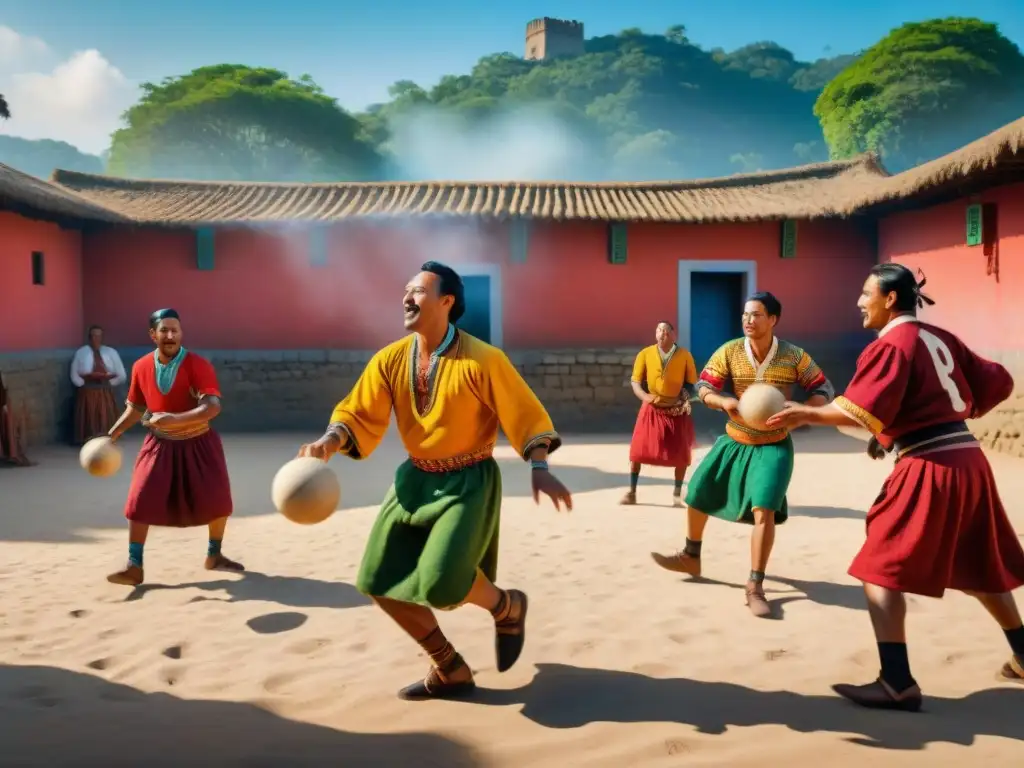 Juegos indígenas tradicionales homenaje: Grupo Tarasco jugando La Pelota Purépecha en plaza soleada y colorida