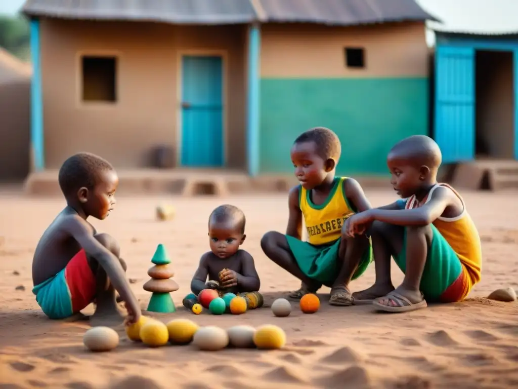 Juegos tradicionales de niños en África: colores vibrantes, patrones detallados y la historia de la infancia en una plaza polvorienta