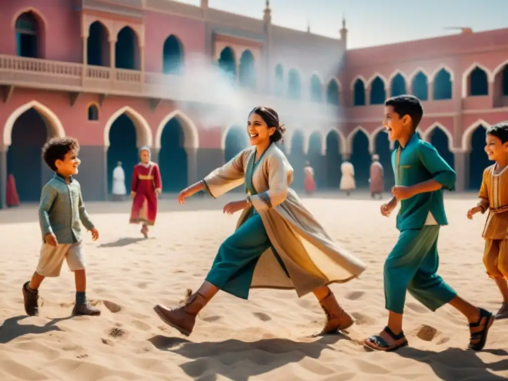 Juegos tradicionales en Oriente Medio: niños felices juegan bajo el sol, vistiendo trajes tradicionales y rodeados de arquitectura antigua