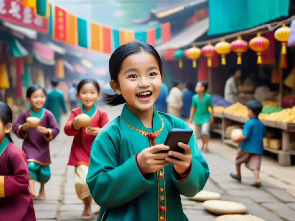 La evolución de los juegos tradicionales en Asia: niños de diferentes países juegan entre tradición y modernidad en un bullicioso mercado