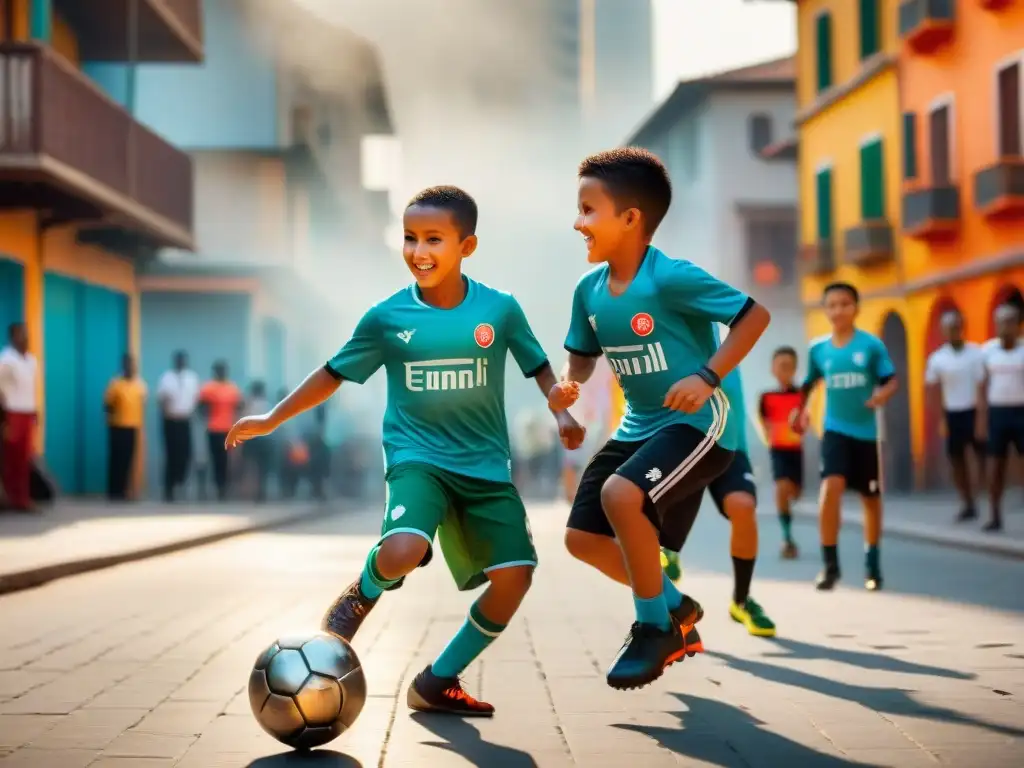 Juegos tradicionales en la sociedad: niños de diversas culturas disfrutan intensamente de un animado partido de fútbol callejero en la ciudad