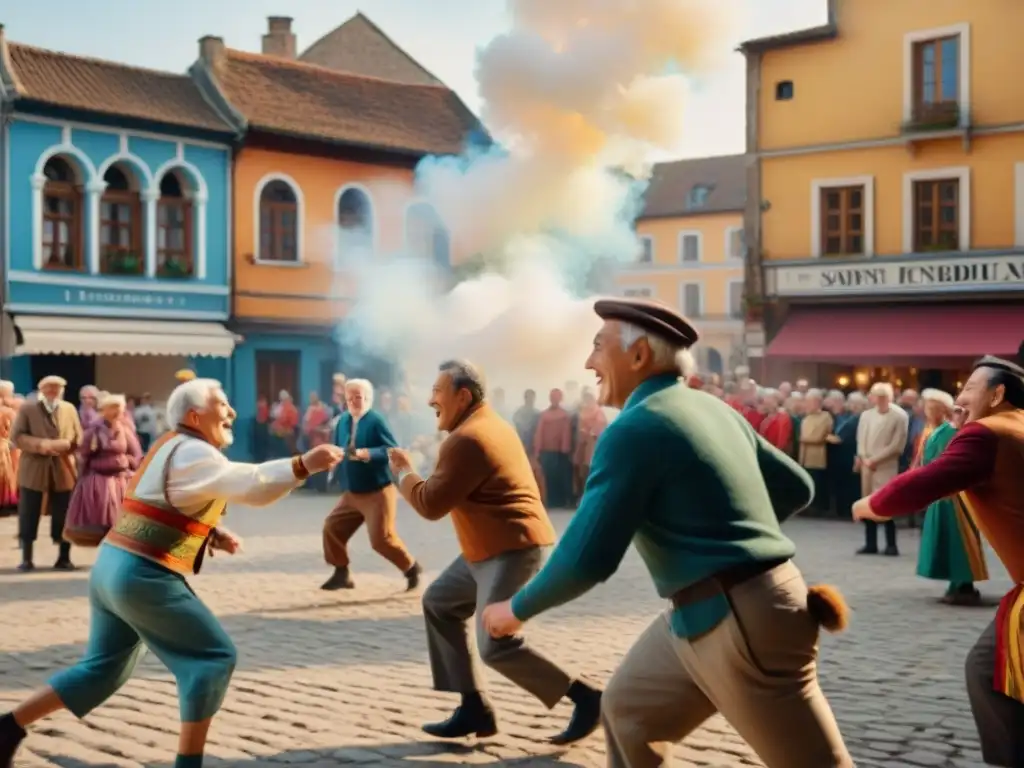 Juegos tradicionales en la sociedad: Celebración festiva en plaza con gente de todas las edades participando en juegos clásicos