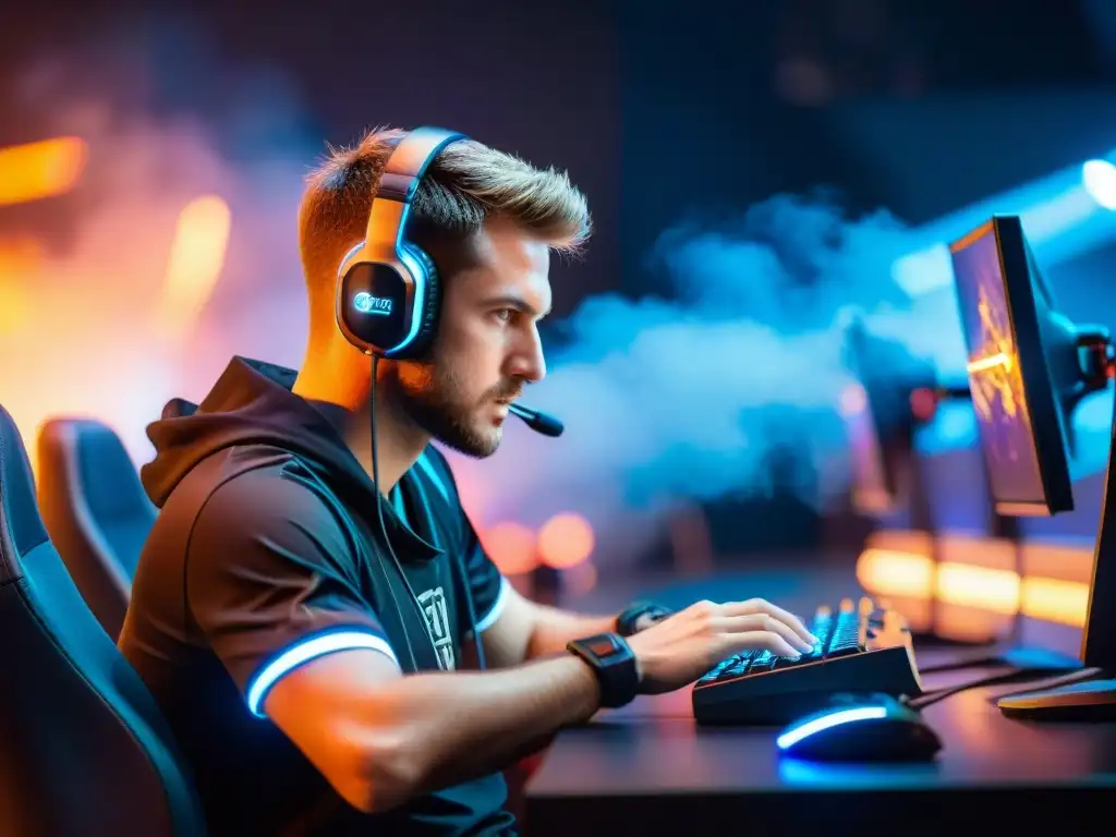 Jugadas maestras en eSports: Profesionales concentrados ejecutan movimientos estratégicos en un estadio lleno de espectadores