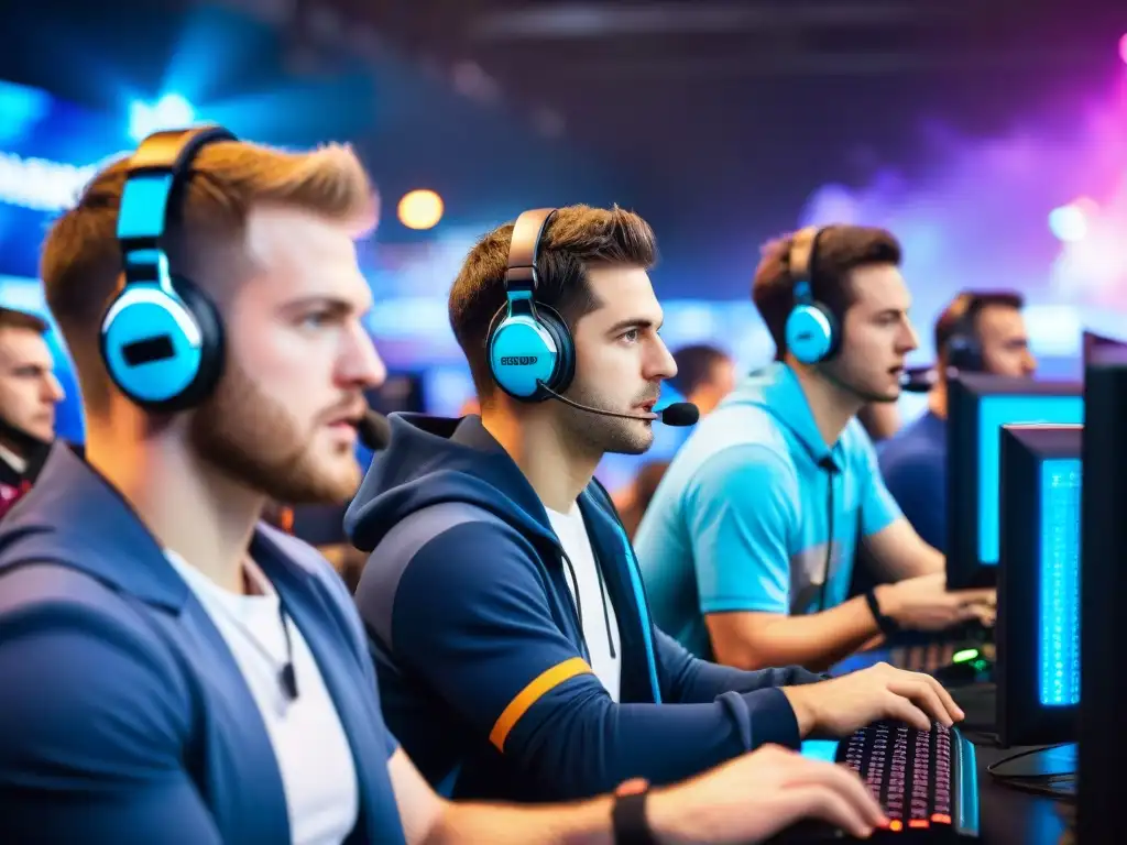 Jugadas maestras en eSports: Profesionales concentrados en torneo, fans eufóricos y luces vibrantes