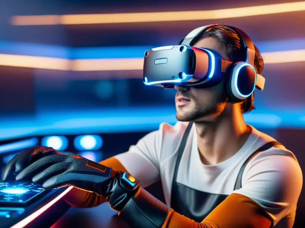 Un jugador asombrado por la tecnología en la evolución del gaming, inmerso en un mundo de realidad virtual futurista