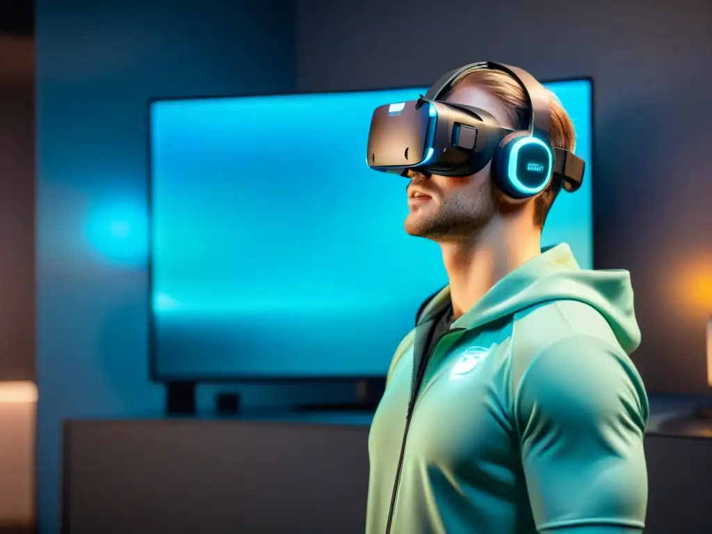 Un jugador con auriculares de realidad virtual recibe entrenamiento de un entrenador virtual en un ambiente futurista de videojuegos