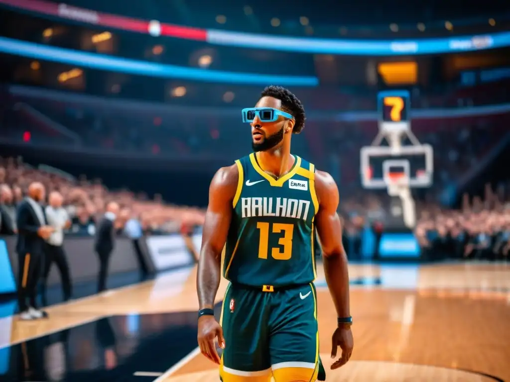 Un jugador de baloncesto profesional utiliza gafas de realidad aumentada durante un juego, con estadísticas y tácticas digitales a su alrededor