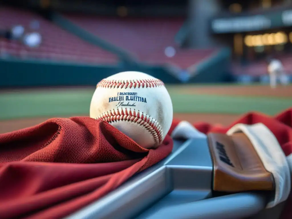 Un jugador de béisbol envuelve un trapo rojo en su bate, concentrado y sudoroso, en un estadio lleno de fans ansiosos