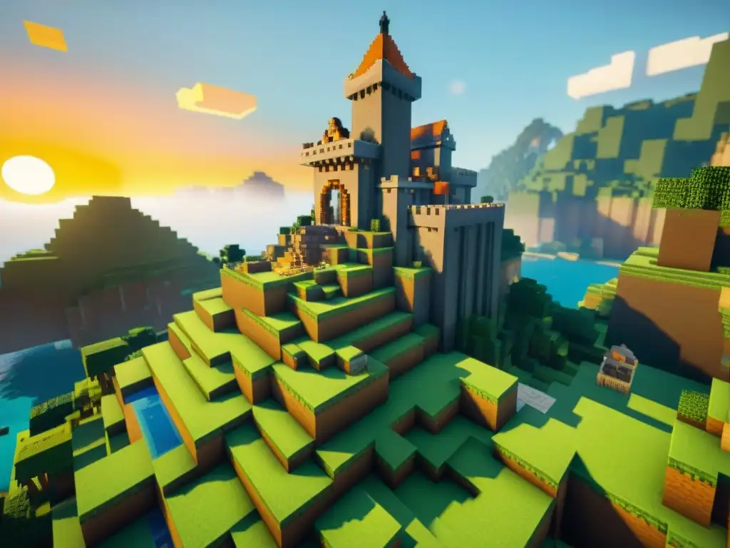 Un jugador de Minecraft construye un castillo detallado al atardecer, demostrando técnicas avanzadas de construcción en Minecraft