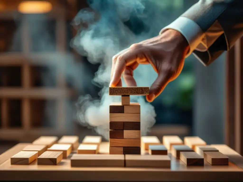 Emoción en Jenga: Jugador en Foco Un jugador concentrado retira con cuidado un bloque de madera de una torre de Jenga, mientras otros observan con anticipación