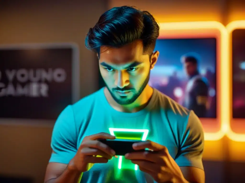 Jugador concentrado en estrategias ganadoras juego móvil, iluminado por la pantalla brillante del smartphone en habitación tenue con pósters de juegos