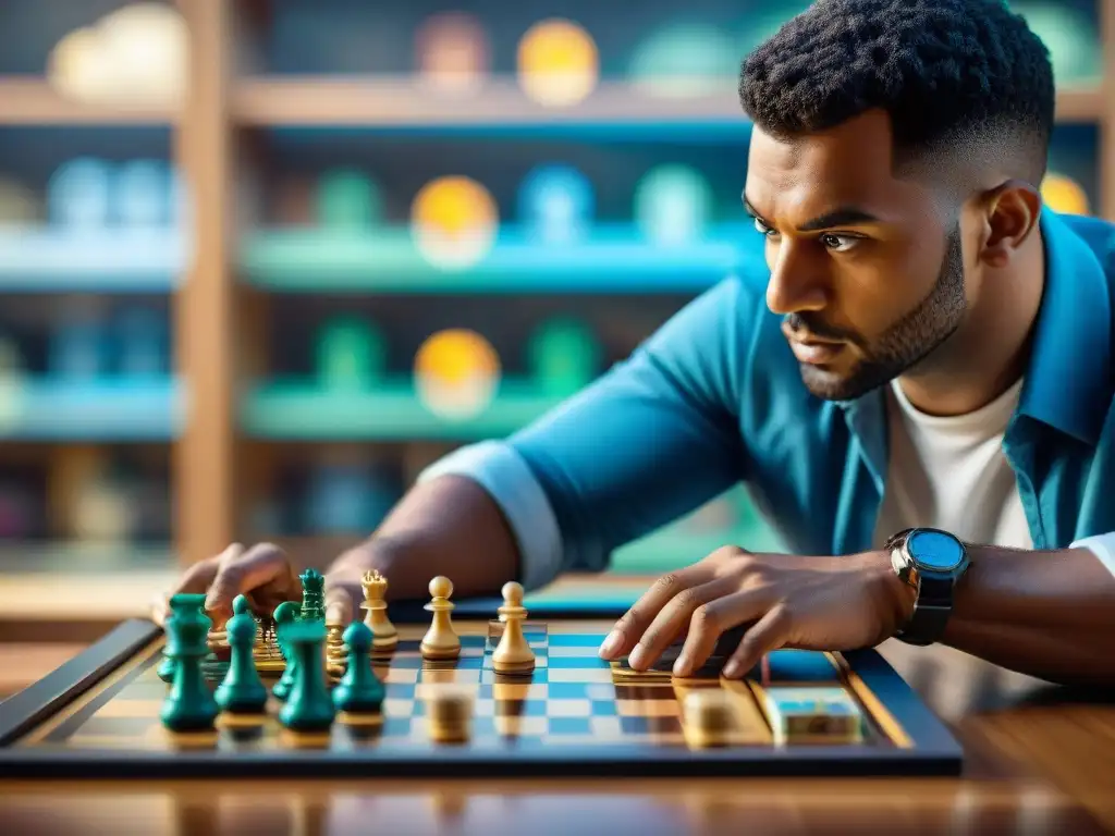 Jugador concentrado en juego estratégico, reflejando intensidad en sus ojos, rodeado de juegos de mesa