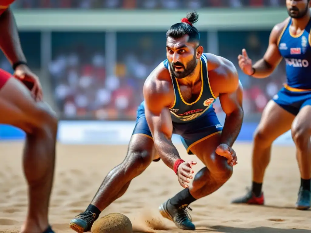 Un jugador de Kabaddi concentrado en el juego, con público animado de fondo