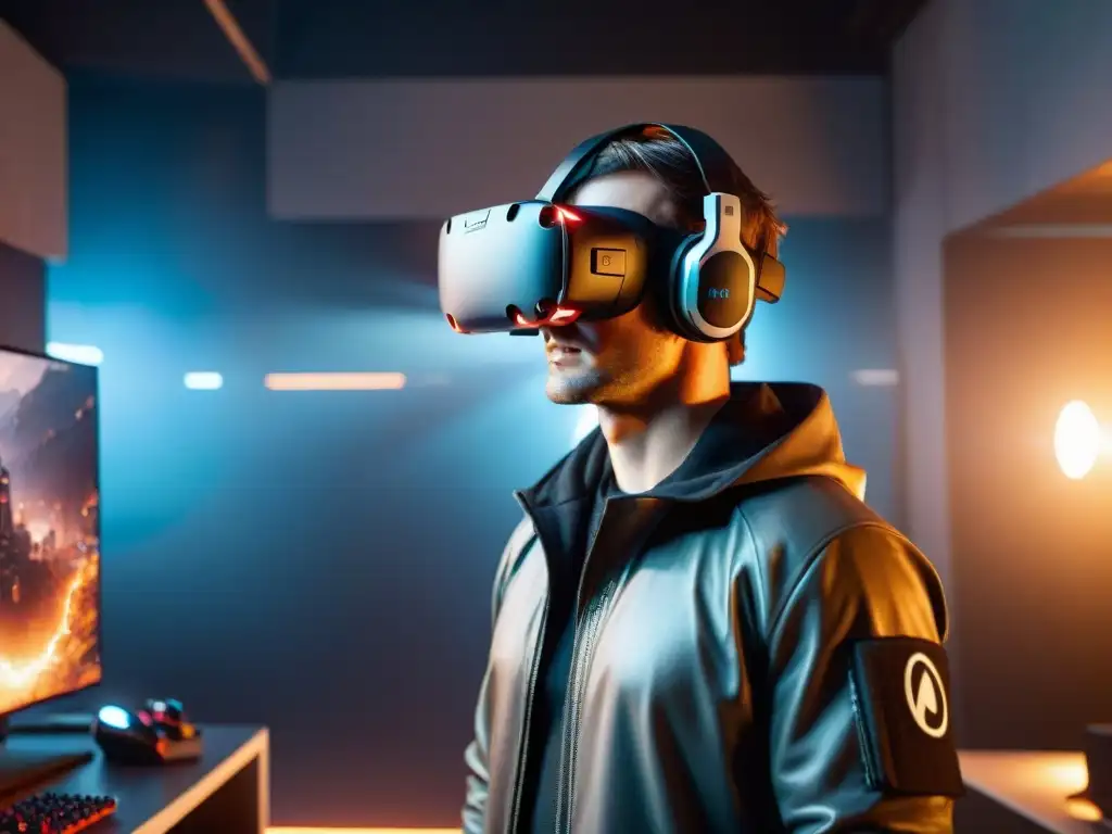 Inmersión total: Gamer en VR dominando HalfLife: Alyx Un jugador concentrado en un juego VR de HalfLife: Alyx, rodeado de tecnología futurista