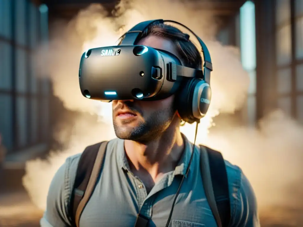 Jugador inmerso en realidad virtual en The Walking Dead Jugador concentrado en un mundo postapocalíptico de The Walking Dead: Saints & Sinners, buscando 'Consejos para ganar juegos VR'