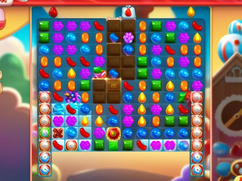 Jugador concentrado en niveles avanzados de Candy Crush, con movimientos precisos y coloridos caramelos en cascada