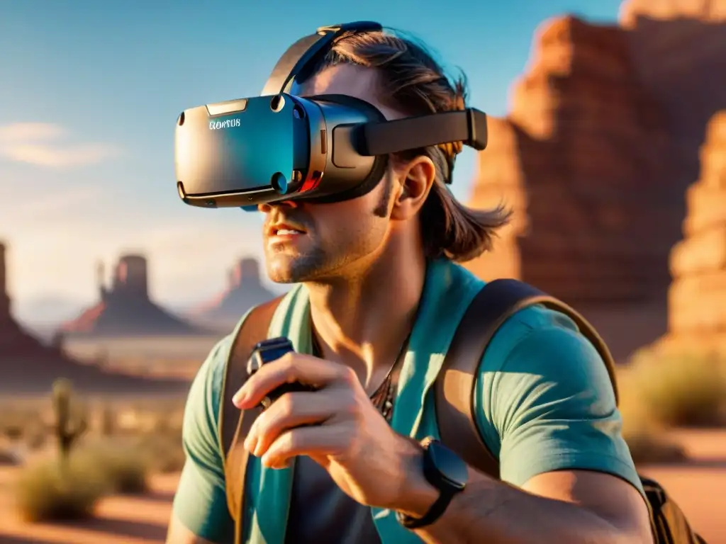 Intenso jugador de VR en Arizona Sunshine, enfrascado en la batalla Jugador VR concentrado en Arizona Sunshine, con sudor en la frente