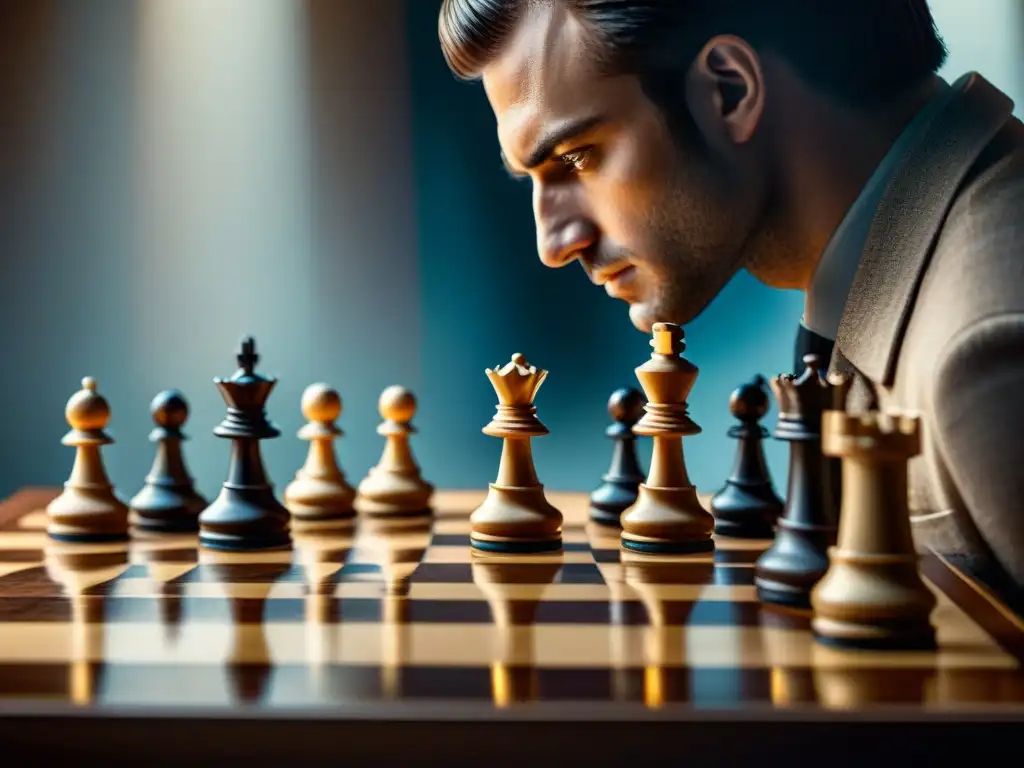 Jugador concentrado en un tablero de ajedrez, rodeado de piezas en penumbra