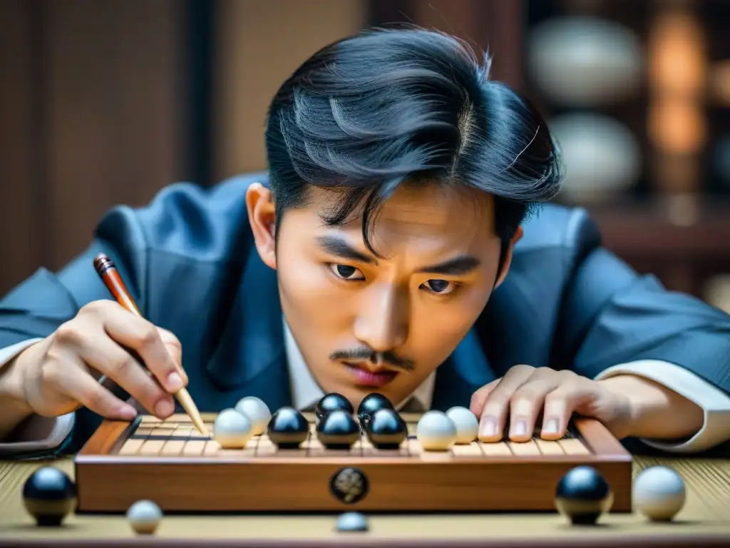 El jugador de Baduk coreano muestra concentración extrema en el juego de estrategia asiático tradicional