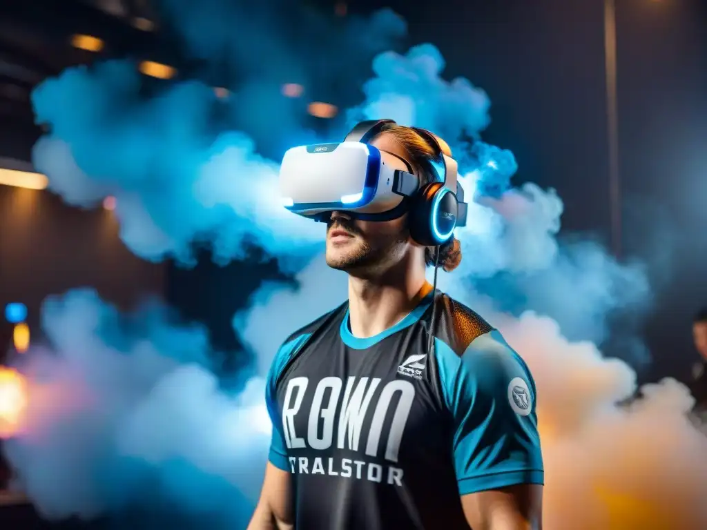 Un jugador de deportes electrónicos en acción con auriculares de realidad virtual, fusionando el mundo real con el digital en una escena futurista