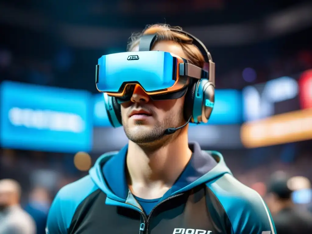 Un jugador de deportes electrónicos inmerso en un juego de realidad virtual, mostrando el futuro de la realidad aumentada en esports